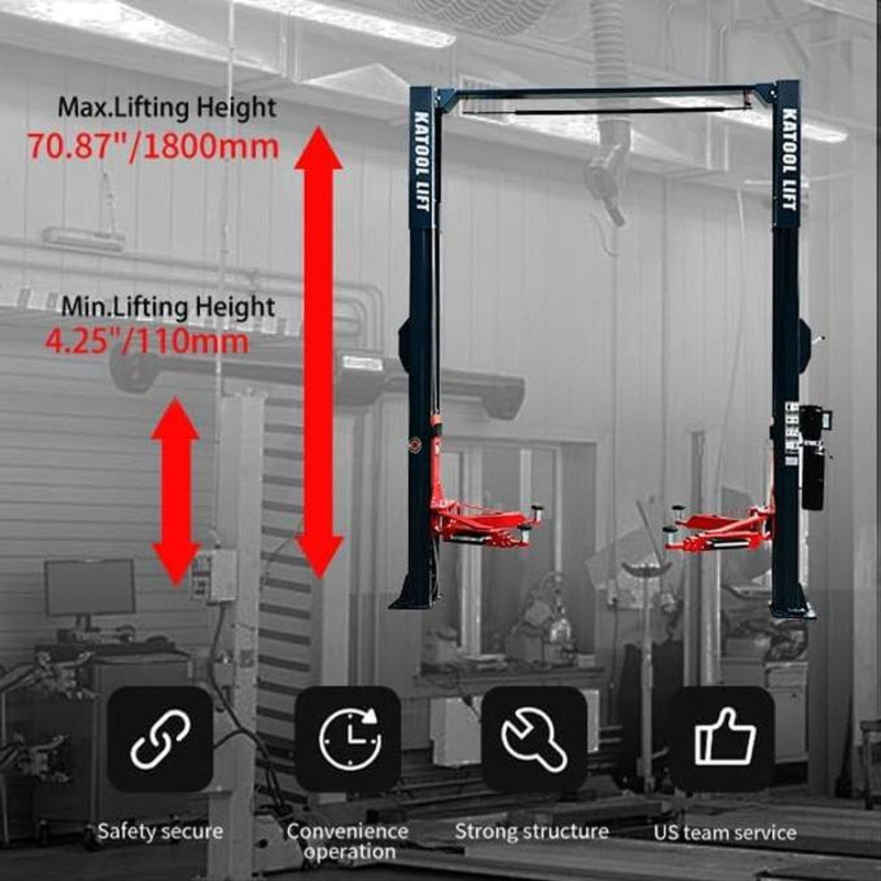 KATOOL 11000lbs Single Point Lock Release Direct Drive Two Post Lift 2 Post Lift Auto Lift 2-post Lift Clear Floor Car Lift, AS110D