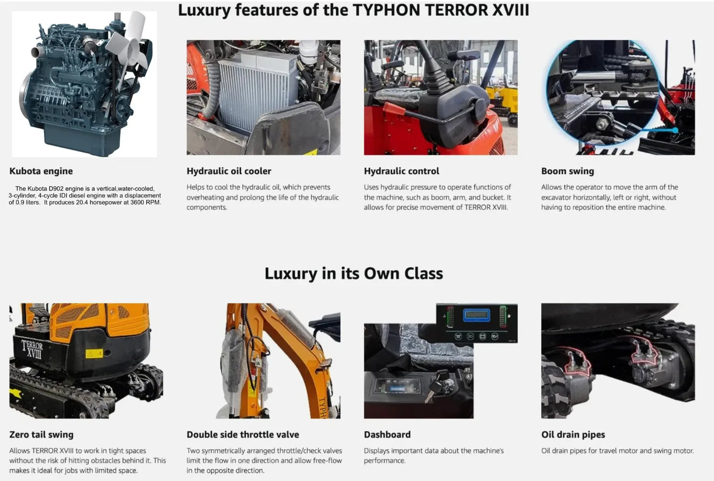 4,000 lbs Terror XVIII Mini Excavator, EPA Certified KUBOTA D902 Diesel Machine